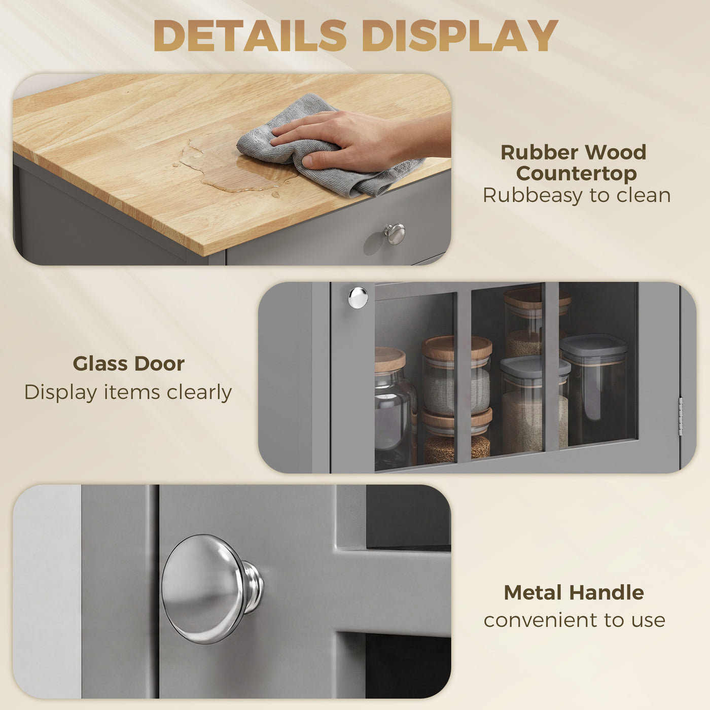 Rolling Kitchen Cart with Drawer and Glass Door Cabinet, Kitchen Island on Wheels with Towel Rack, Dark Grey