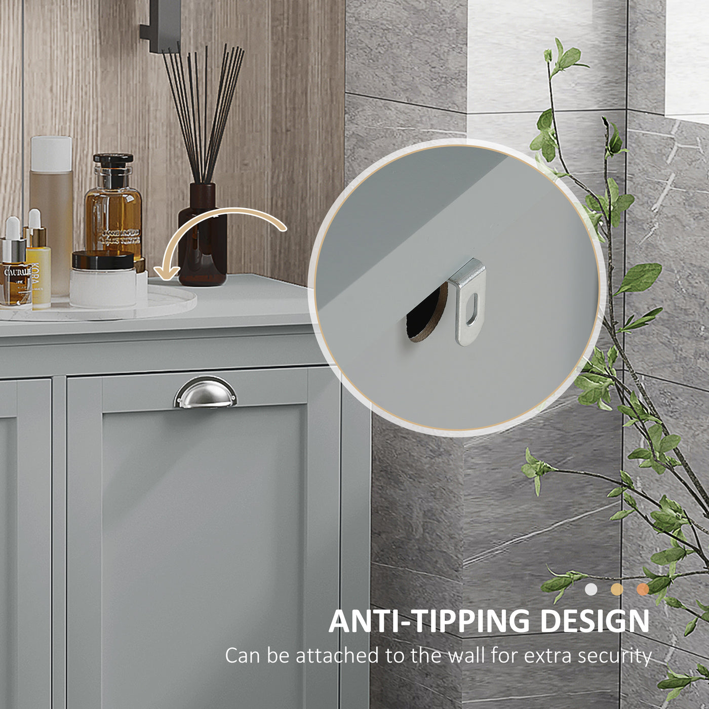 Tilt-Out Laundry Storage Cabinet, Bathroom Storage Organizer with Two-Compartment Tilt Out Hamper, Grey