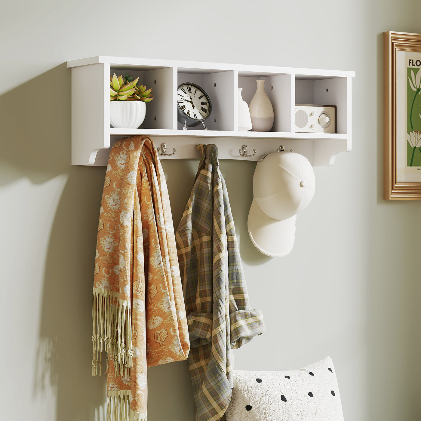 Coat Rack Wall Mount with Shelf, 28" Wall Coat Rack with 5 Hooks and 4 Compartments for Living Room, Entryway, White