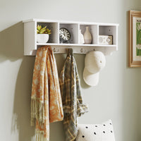 Coat Rack Wall Mount with Shelf, 28" Wall Coat Rack with 5 Hooks and 4 Compartments for Living Room, Entryway, White