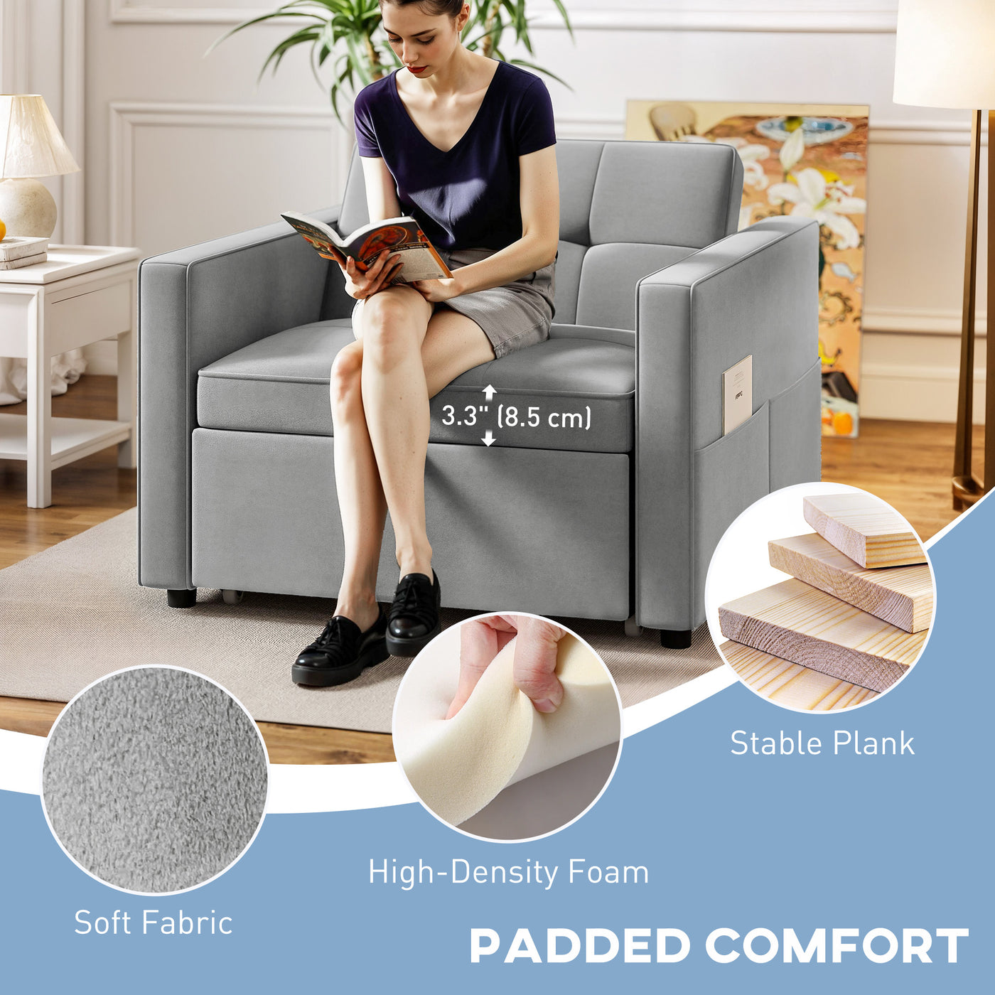 Convertible Chair Bed, Pull Out Sleeper Chair with USB, Adjustable Backrest, Small Velvet Futon Sofa Bed, Grey