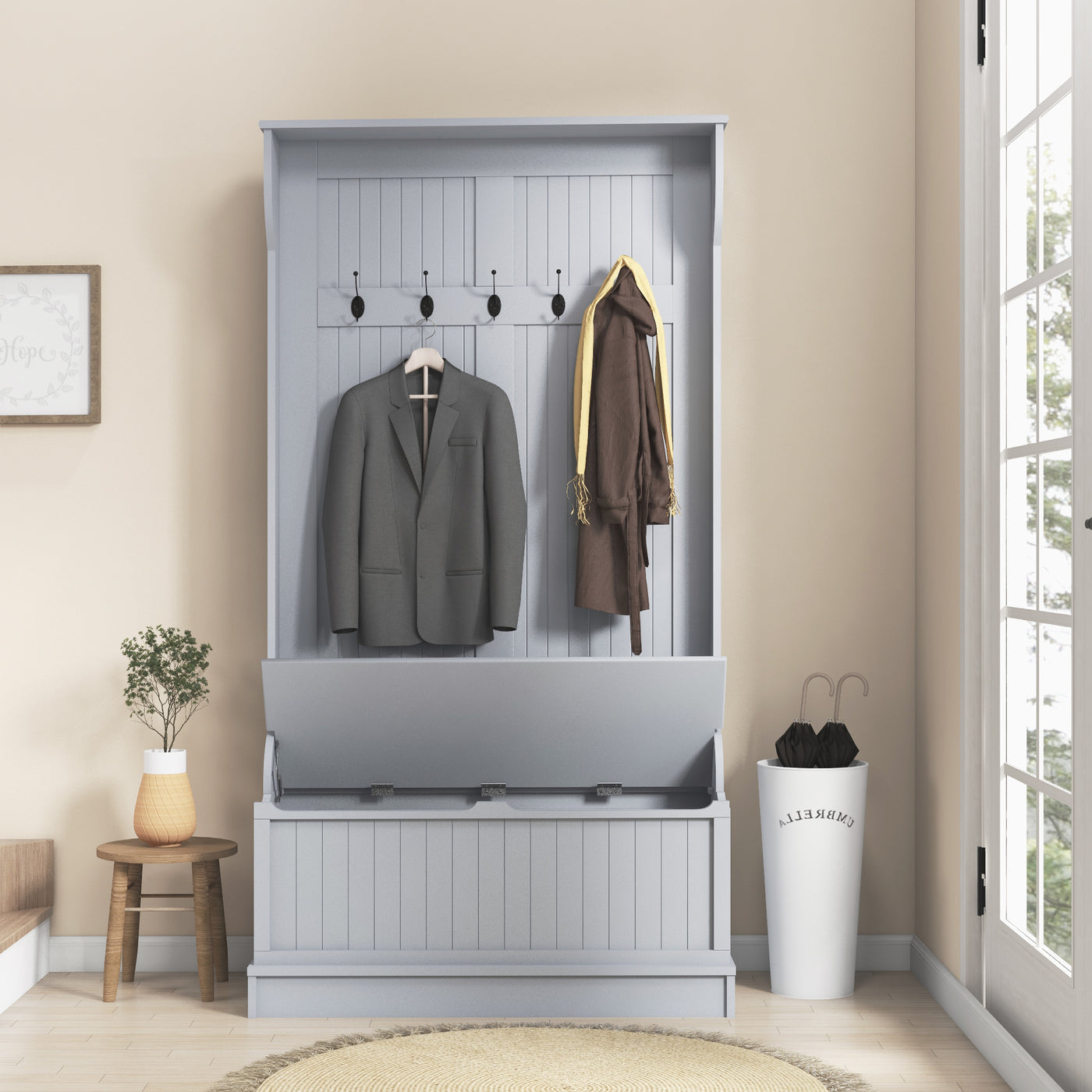 4-In-1 Hall Tree with Coat Rack, Top Shelf, Shoe Storage and Bench Seat, Entryway Bench with 5 Hooks, Grey