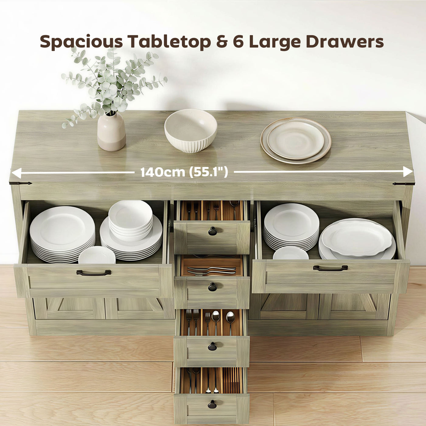 Sideboard Buffet Cabinet, 55" Farmhouse Kitchen Cabinet with 4 Barn Doors, 6 Drawers and 2 Adjustable Shelves, Grey