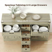Sideboard Buffet Cabinet, 55" Farmhouse Kitchen Cabinet with 4 Barn Doors, 6 Drawers and 2 Adjustable Shelves, Grey