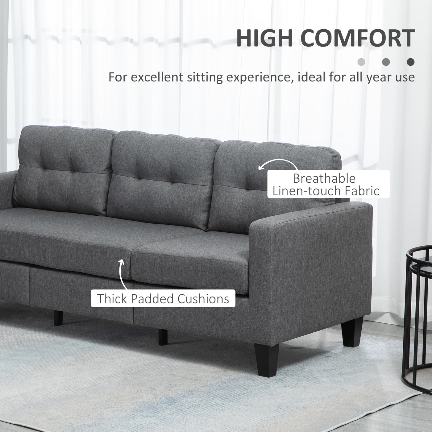 L-shaped Sofa, 3 Seater Couch with Ottoman, Corner Sofa with Thick Padded Cushion and Wood Legs, Dark Grey