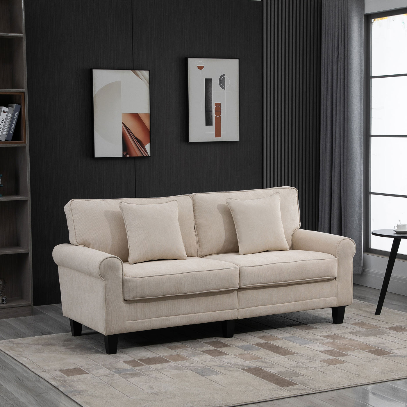 Modern 3 Seater Sofa, Corduroy Fabric 3 Seater Couch with Pine Wood Legs and Rolled Armrests for Living Room, Beige