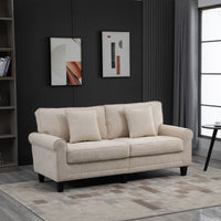 Modern 3 Seater Sofa, Corduroy Fabric 3 Seater Couch with Pine Wood Legs and Rolled Armrests for Living Room, Beige