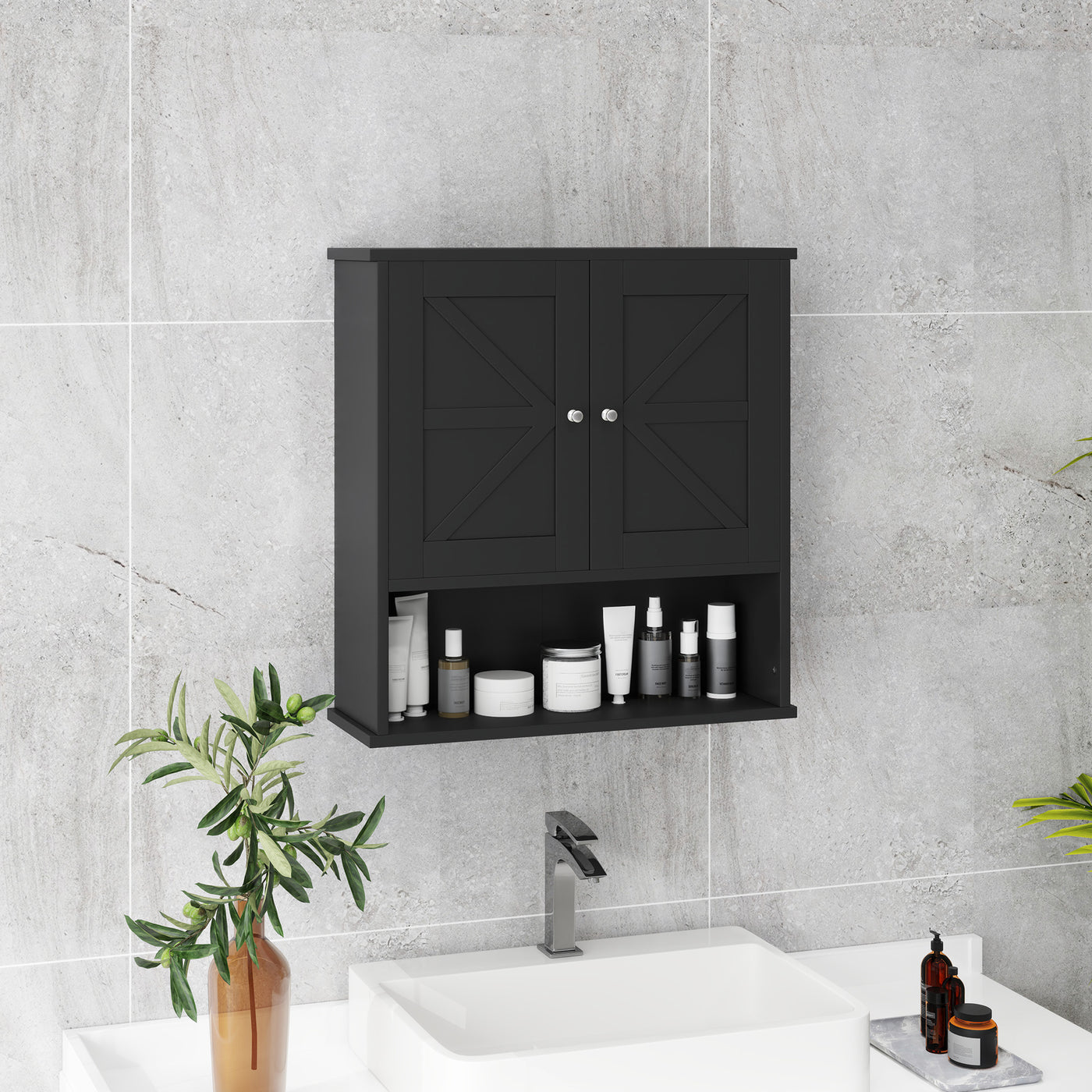Farmhouse Bathroom Medicine Cabinet, Wall Cabinet with Barn Doors, and Adjustable Shelf for Laundry Room, Black