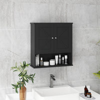 Farmhouse Bathroom Medicine Cabinet, Wall Cabinet with Barn Doors, and Adjustable Shelf for Laundry Room, Black