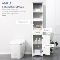 Tall Bathroom Storage Cabinet, Slim Bathroom Cabinet with 3 Tier Shelf, Drawer, Door, Freestanding Linen Tower, White
