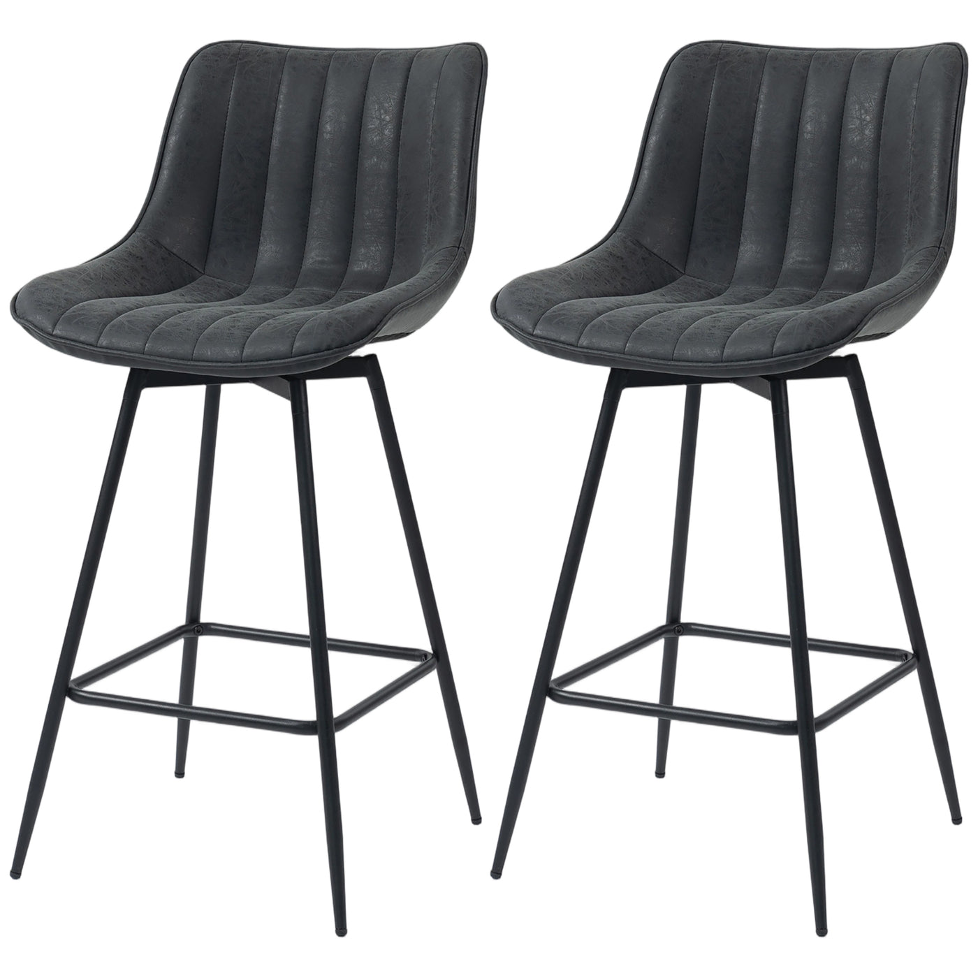 Set of 2 Counter Height Barstools, PU Leather Upholstered Bar Stools with Backrest, Footrest and Steel Legs, Black