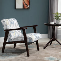 Mid-Century Modern Accent Chair Retro Fabric Armchair Wooden Arm Upholstered Lounge Chair for Living Room Floral