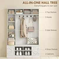 Hall Tree with Bench and Shoe Storage, Entryway Bench with Coat Rack, 12 Shelves, 2 Cabinets, 5 Hooks, White Wood Grain