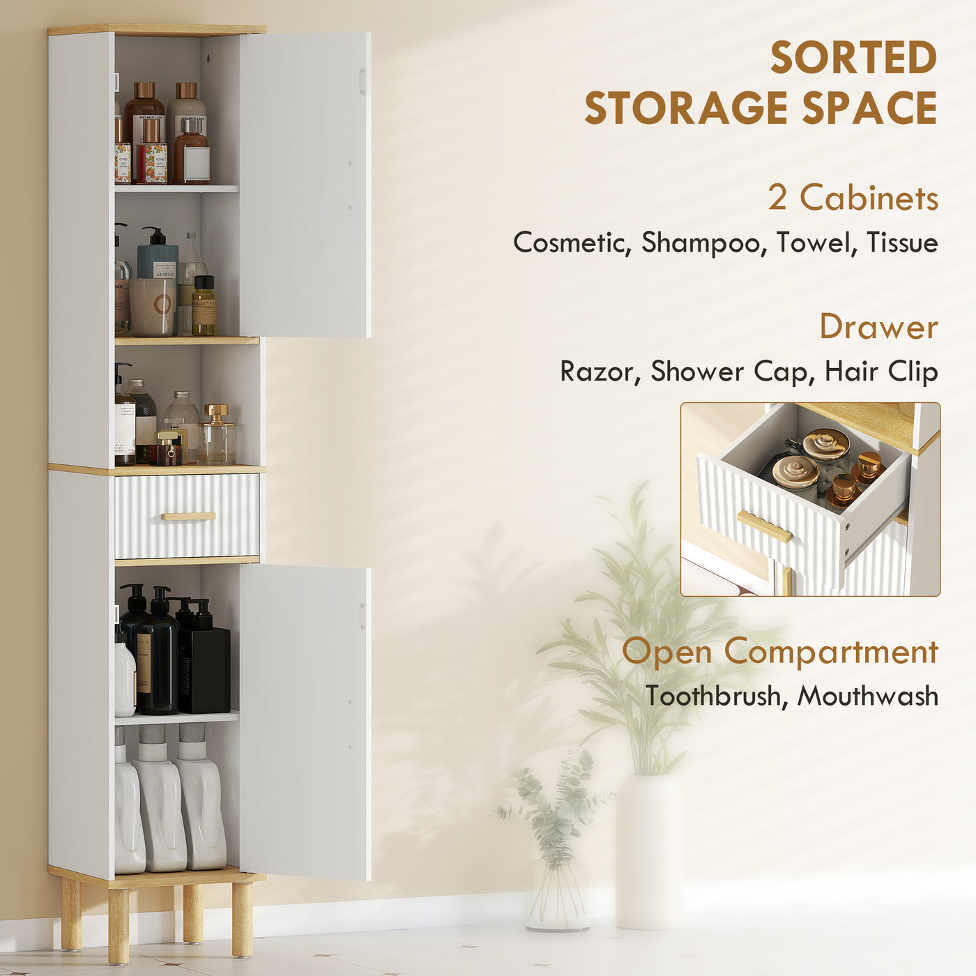 Tall Bathroom Storage Cabinet, Freestanding Bathroom Cabinet with Drawer, Adjustable Shelves, Open Compartment, White