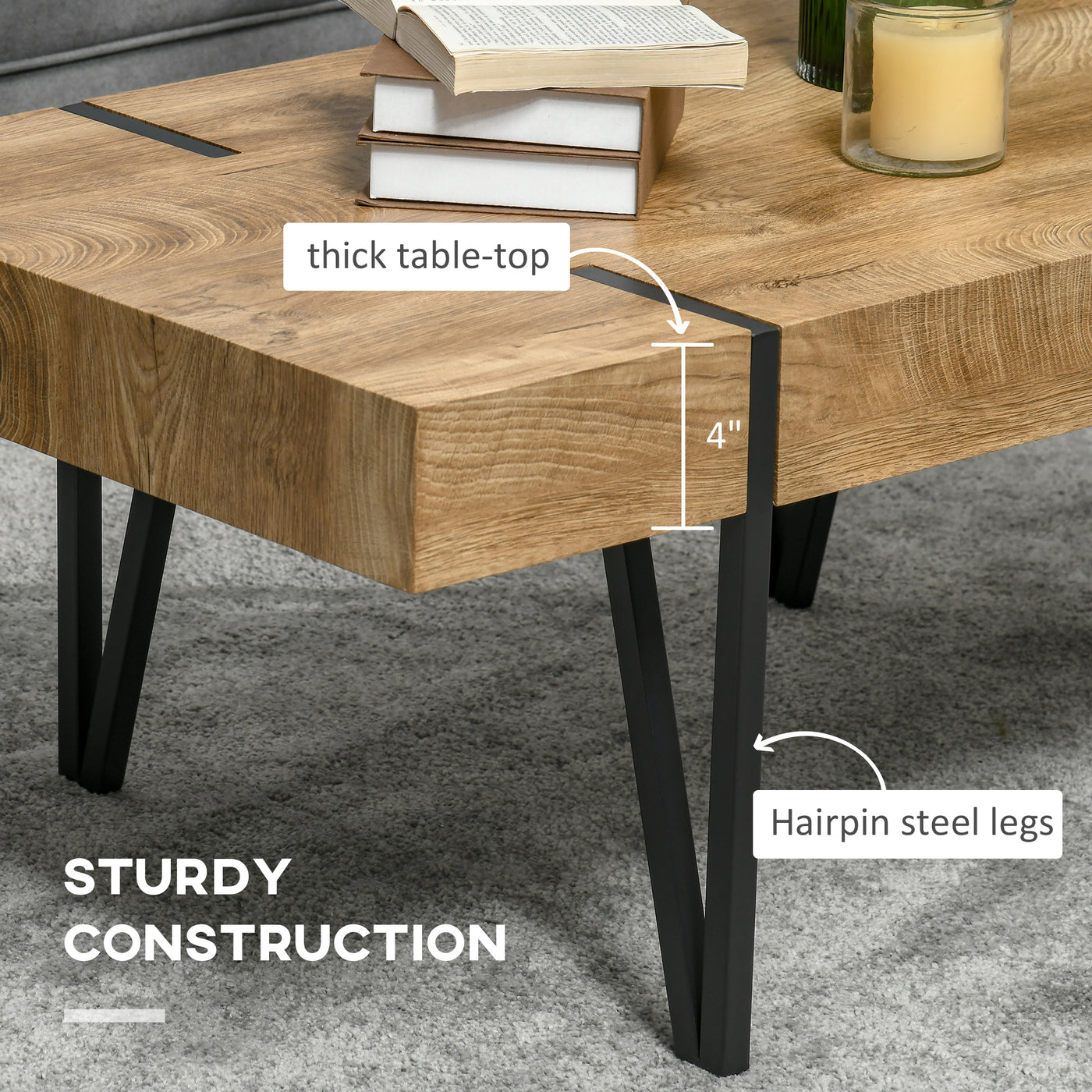 Rustic Coffee Table, Rectangle Nature Central Table with Steel Hairpin Legs for Living Room