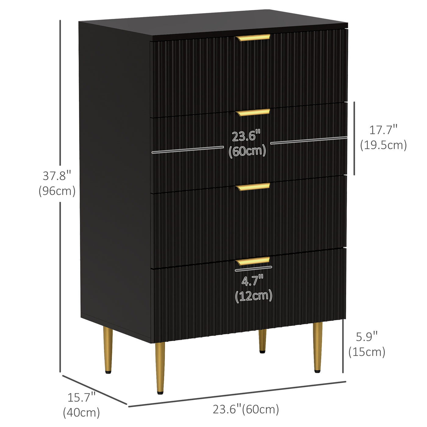 Modern Chest of Drawers 4 Drawer Dresser for Bedroom with Gold Legs and Handles, Black