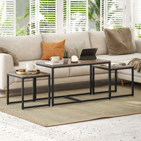 Nesting Coffee Table Set of 3, Modern End Tables with Black Metal Frame for Living Room Home Furniture, Brown
