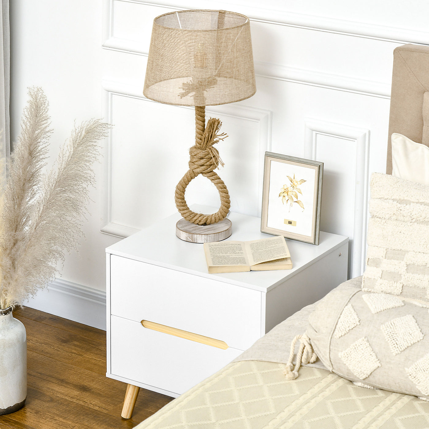 Nightstand, Bedside Table with 2 Drawers, Modern Side End Table with Solid Wood Legs for Bedroom, White