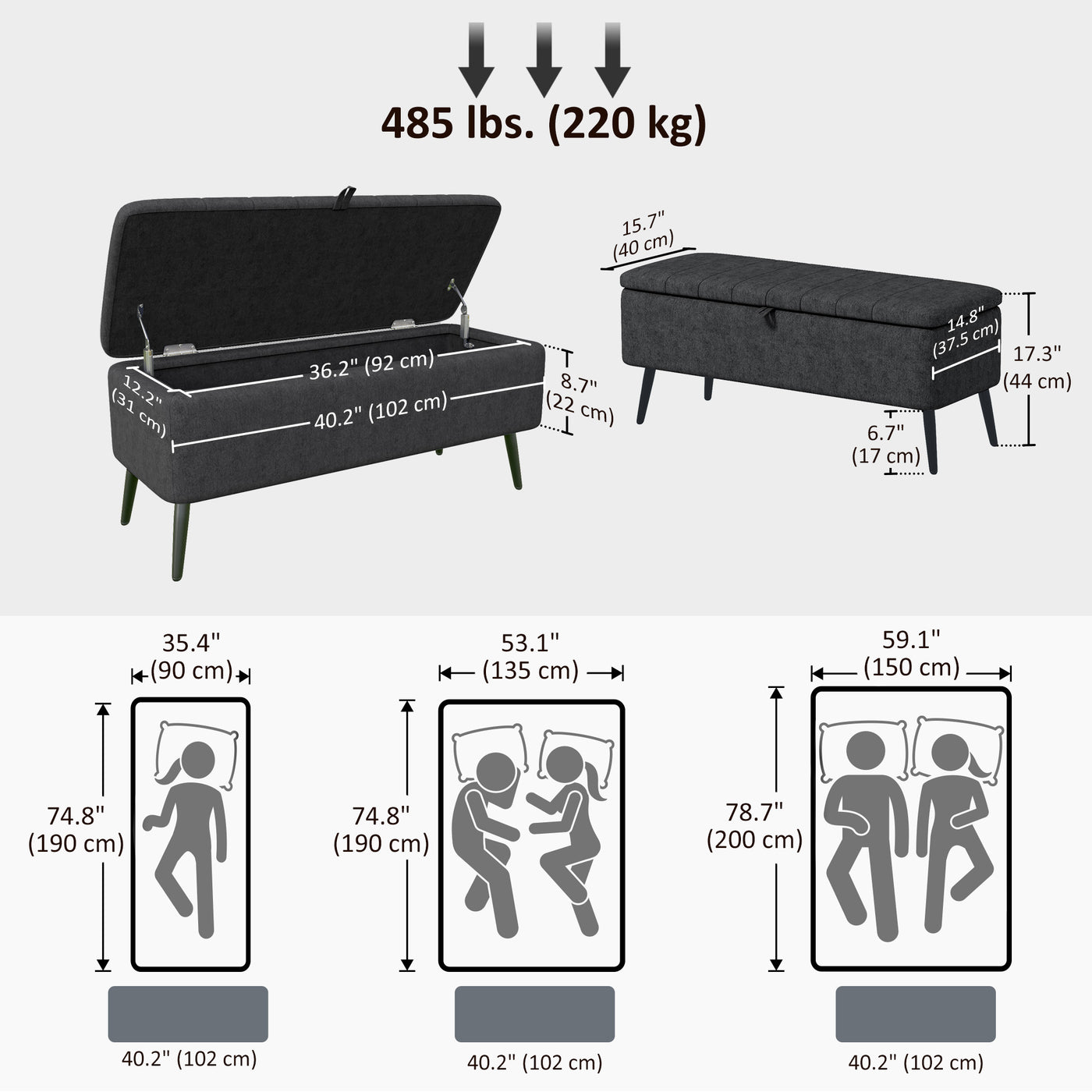 40" Ottoman with Storage, Linen Upholstered Storage Ottoman Bench with Steel Legs for Living Room, Bedroom Black