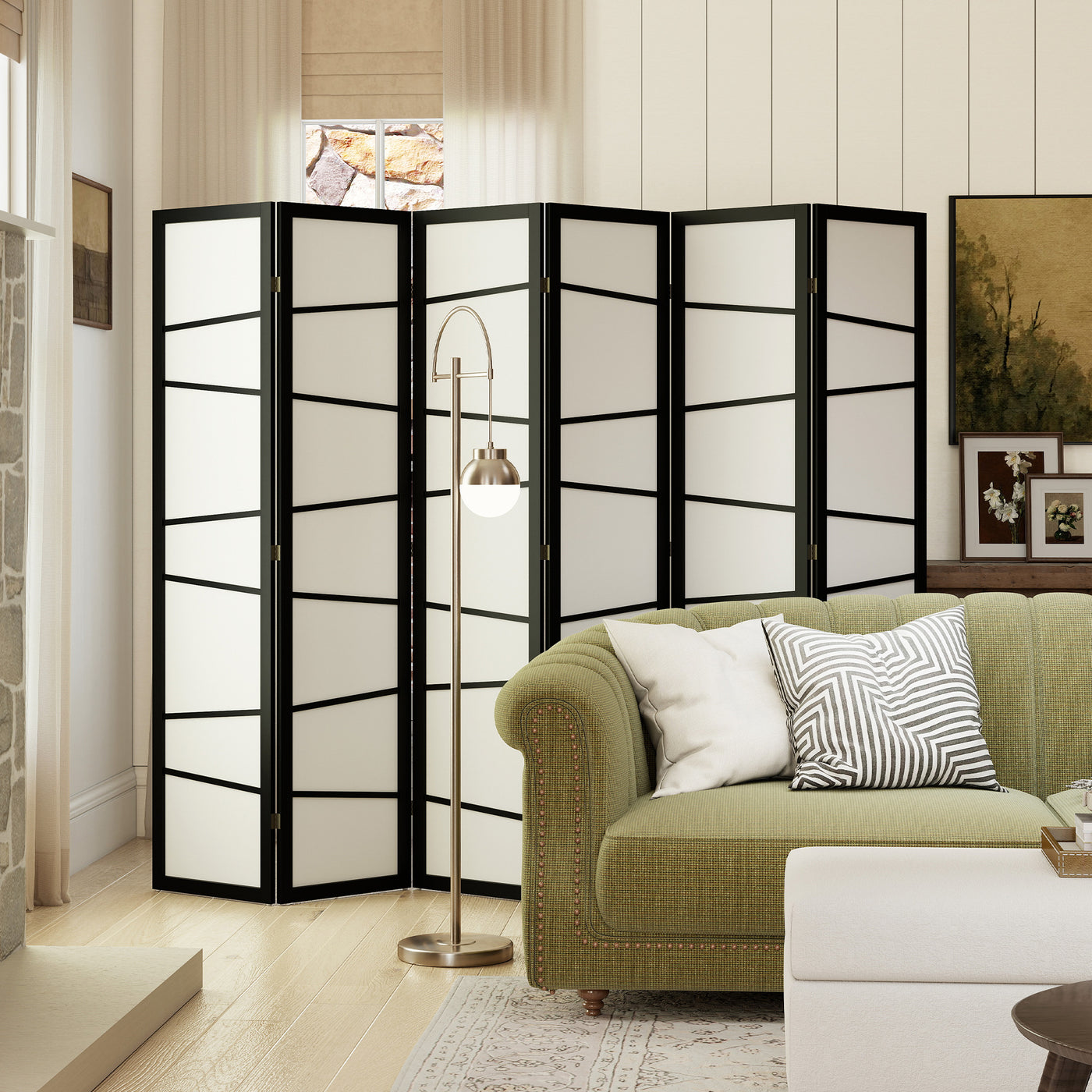 66.9" Folding Room Divider, 6 Panel Wall Partition with Wood Frame for Bedroom, Home Office, White