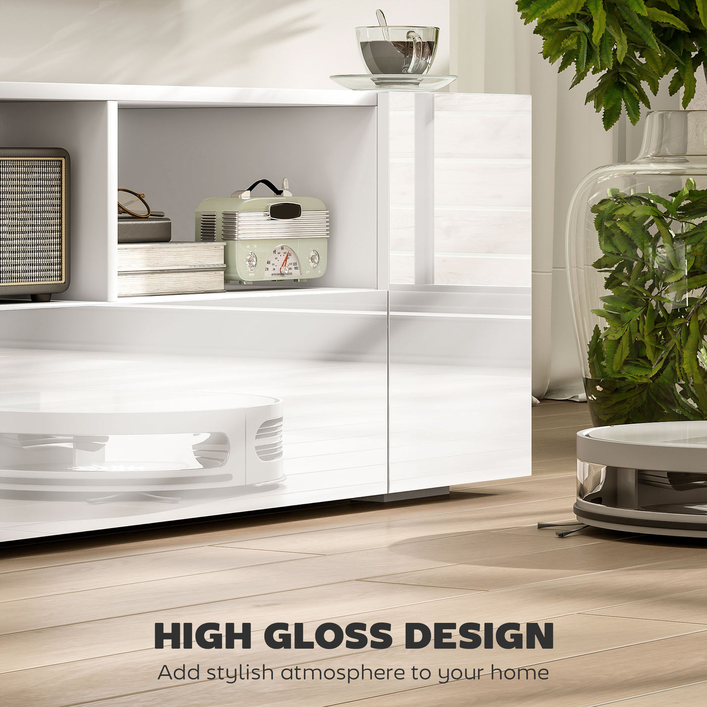 TV Stand for TVs up to 60", TV Unit with LED Lights, Storage Shelves and Cupboards, 53.9" x 13.8" x 16.5", White