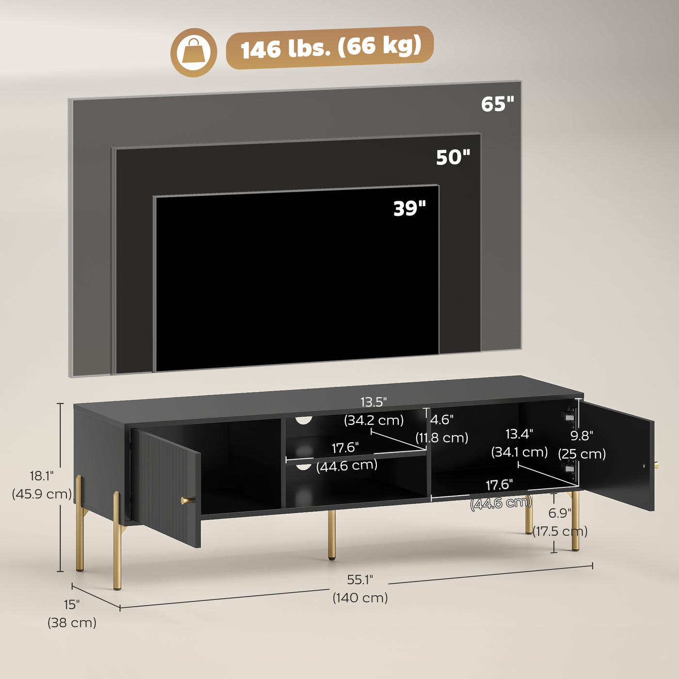 TV Stand for TVs up to 65", Entertainment Center with 2 Open Shelves, 2 Cabinets and Steel Legs for Living Room, Black