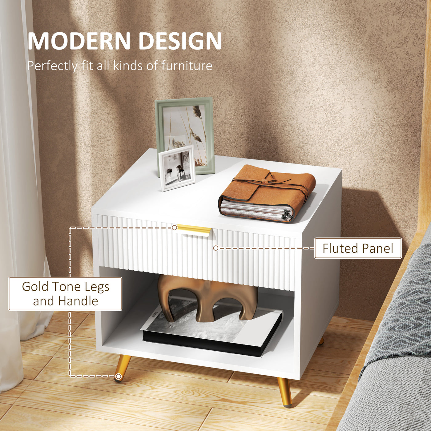 Nightstand with Fluted Panel, Bedside Table with Drawer and Open Compartment, Modern Night Table for Bedroom, White