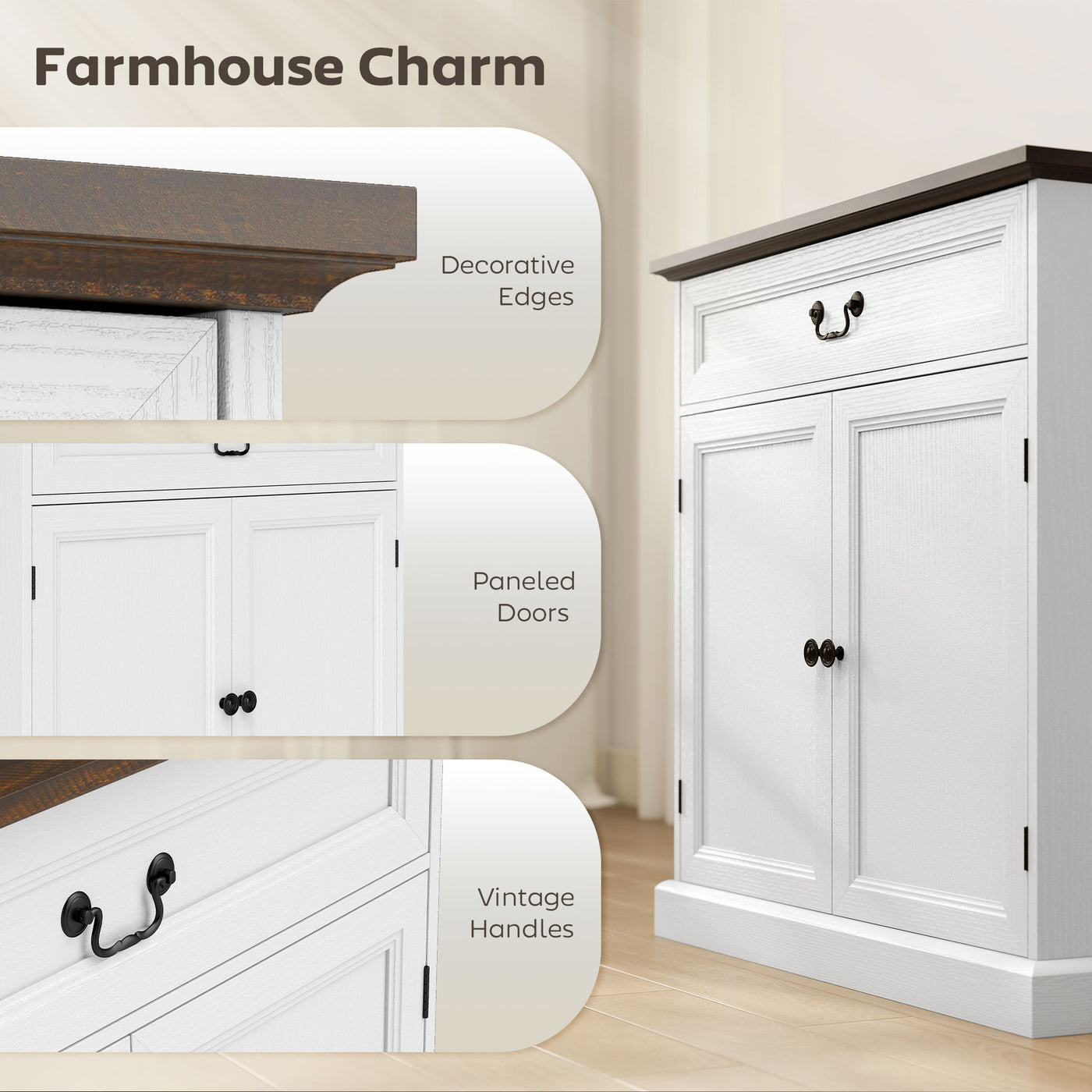 Buffet Cabinet, 32" Farmhouse Sideboard with Thick Top, Quiet Drawer and Adjustable Shelf, White Wood Grain