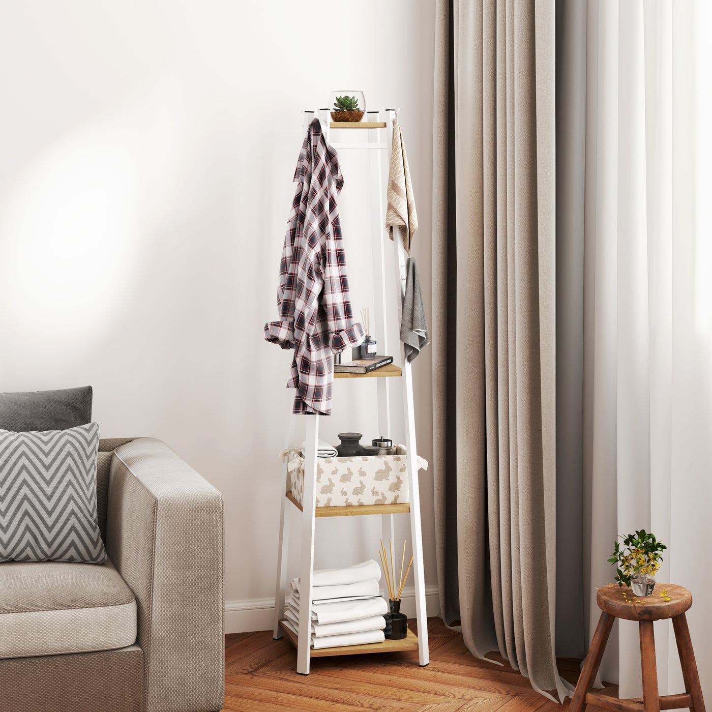 Clothes Rack with Storage, Garment Rack with 8 Hooks and 3-Tier Shelf, Clothes Stand for Bedroom, Entryway, Oak