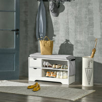 Upholstered Shoe Storage Bench w/ Seat, Entrance Bench w/ Drawer Open Shelves and Pocket for Hallway, White