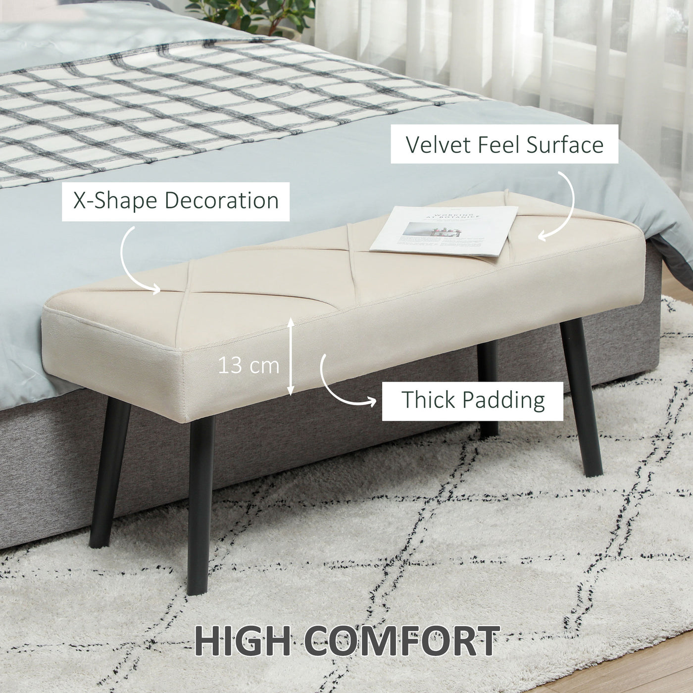 39 Inches Upholstered Bedroom Bench, Modern End of Bed Bench with Steel Legs, Cream White