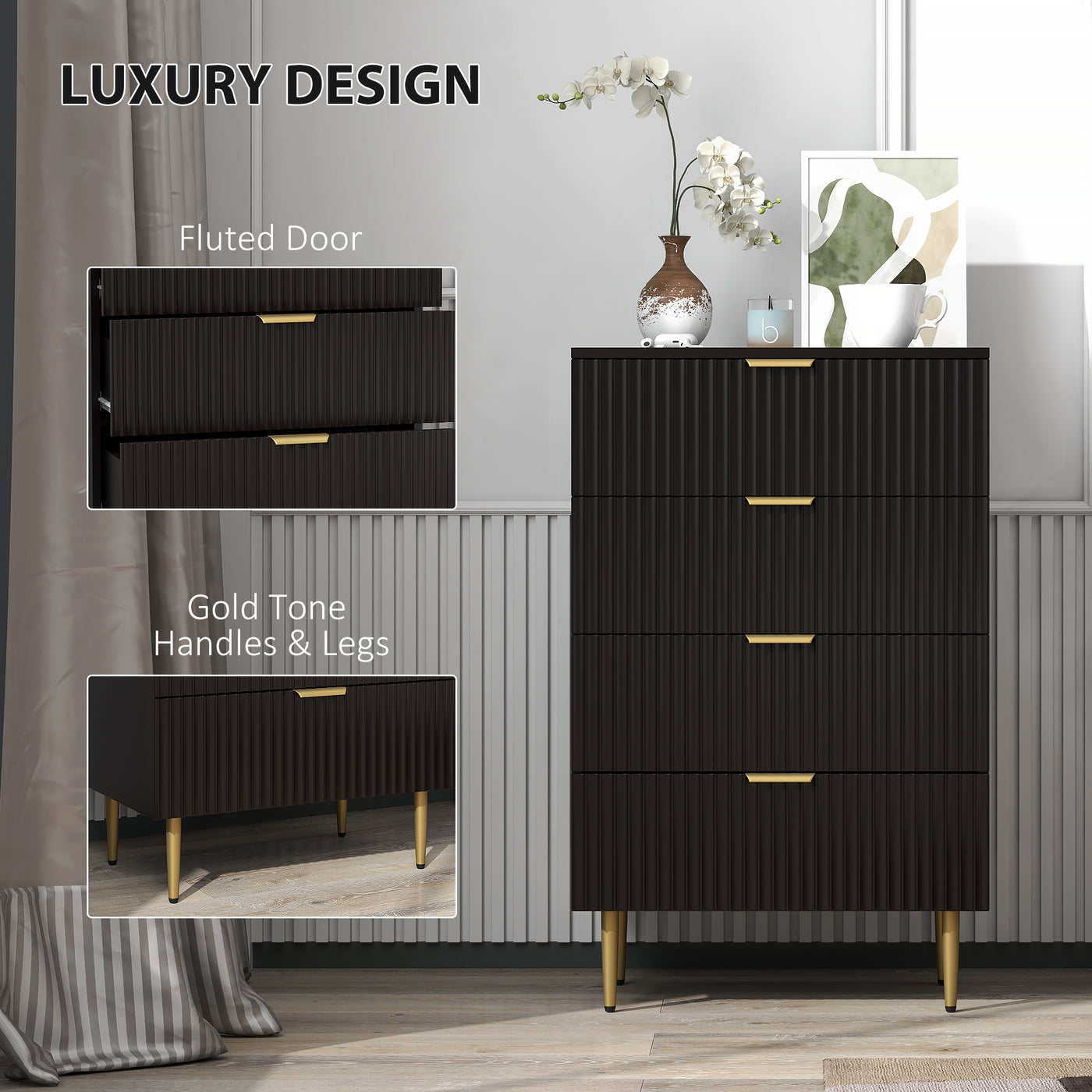 Modern Chest of Drawers 4 Drawer Dresser for Bedroom with Gold Legs and Handles, Black