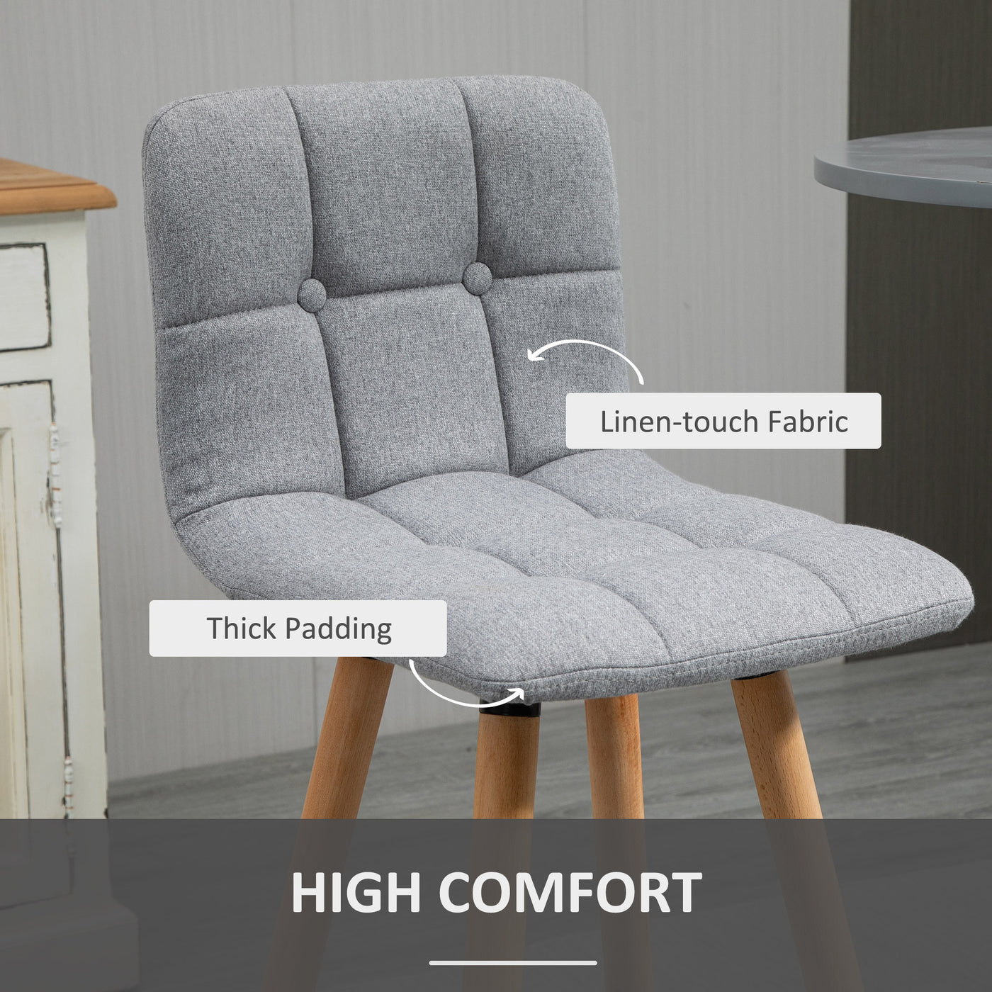 Modern Bar Stools Set of 2, 38" Upholstered Kitchen Island Stool with Solid Wood Legs, Grey