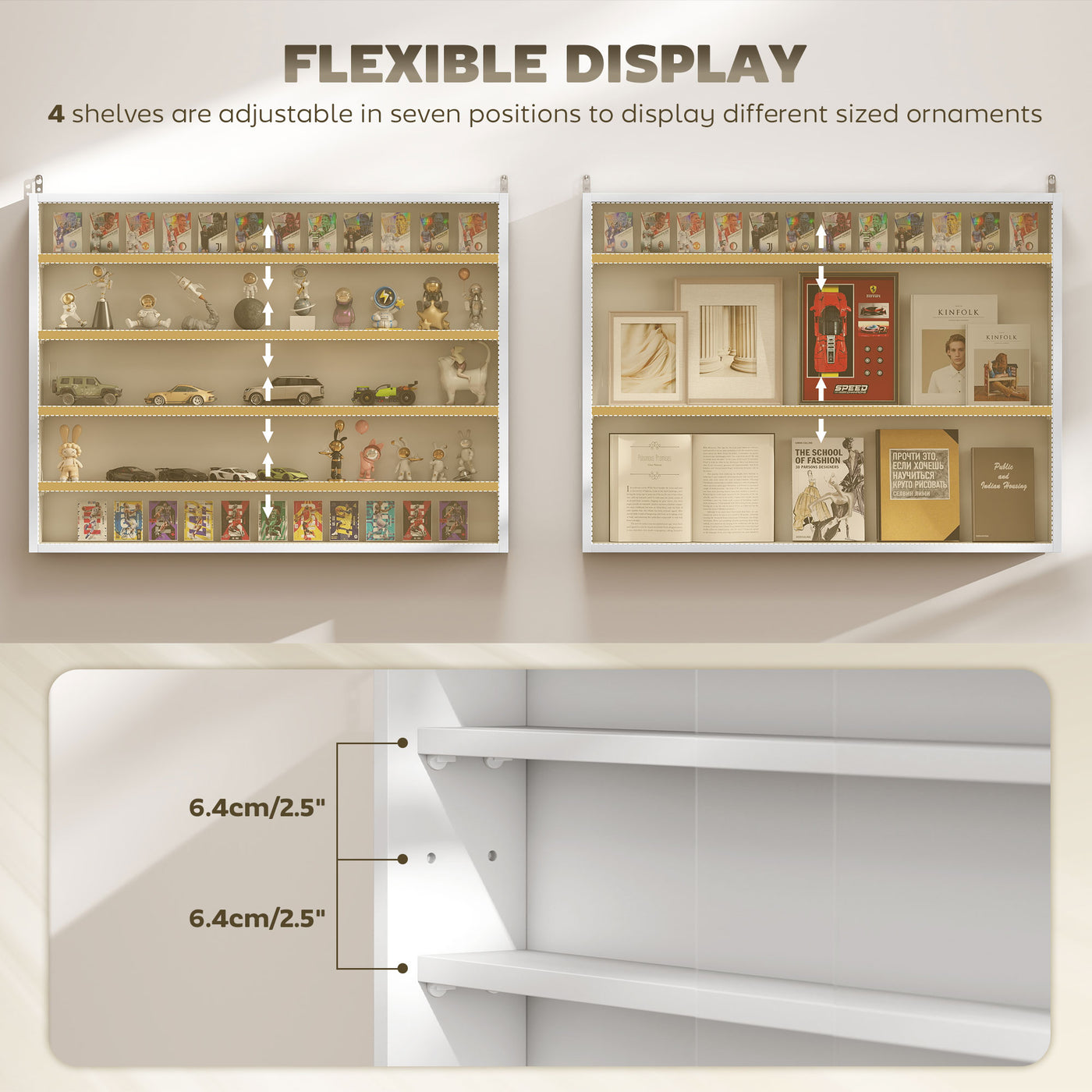 5-Tier Display Cabinet, Shot Glass Display Case, Glass Curio Cabinet with 2 Glass Doors and 4 Adjustable Shelves, White