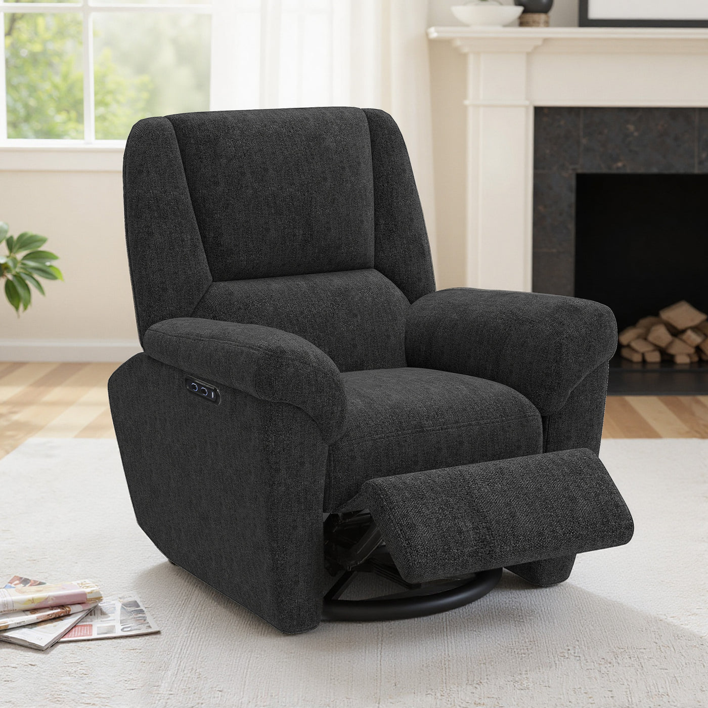 Power Recliner Chair, Fabric Upholstered Recliner Chair with USB Ports, Swivel and Rocking Function, Footrest, Black