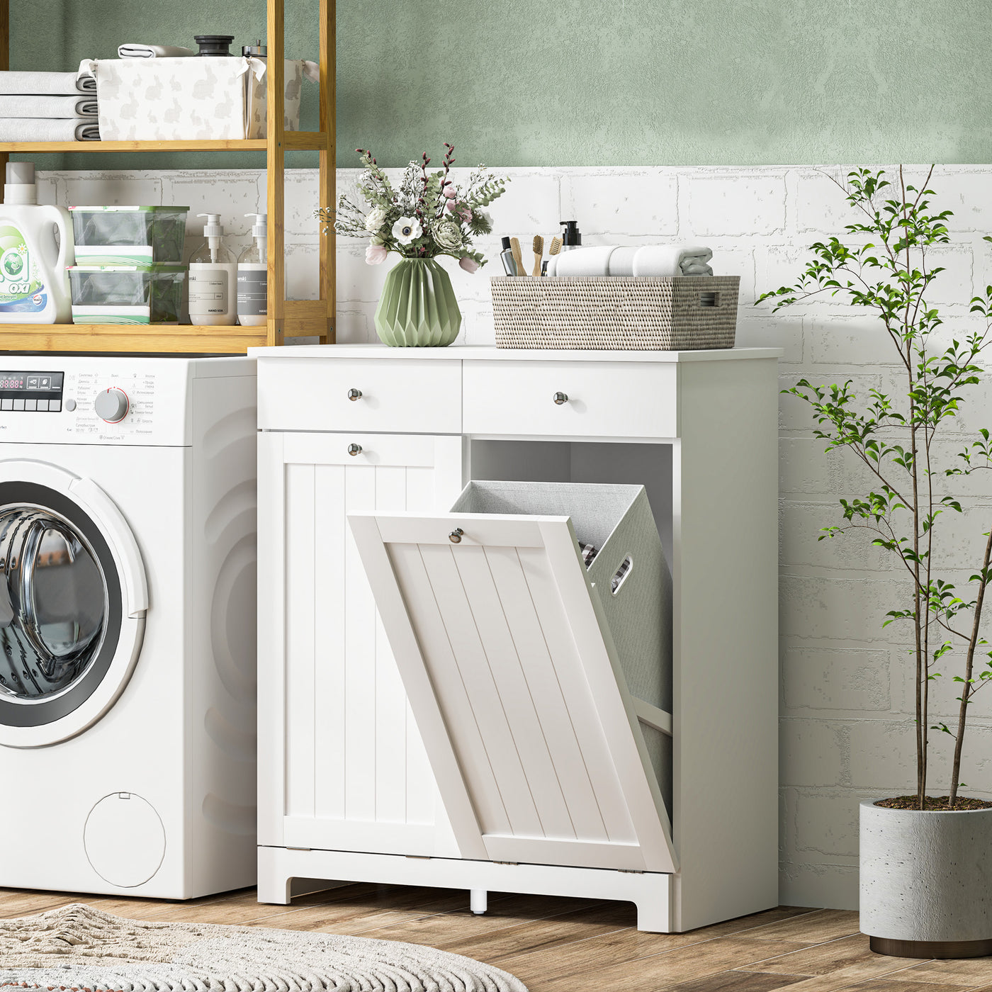 Laundry Cabinet, Tilt Out Laundry Hamper Cabinet with 2 Baskets, Bathroom Hamper Cabinet with 2 Drawers, White