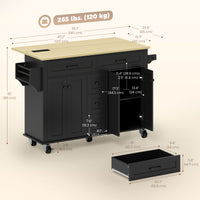 Kitchen Island Cart with Power Outlet & Drop Leaf, 55" Rolling Kitchen Island on Wheels with Storage, Black