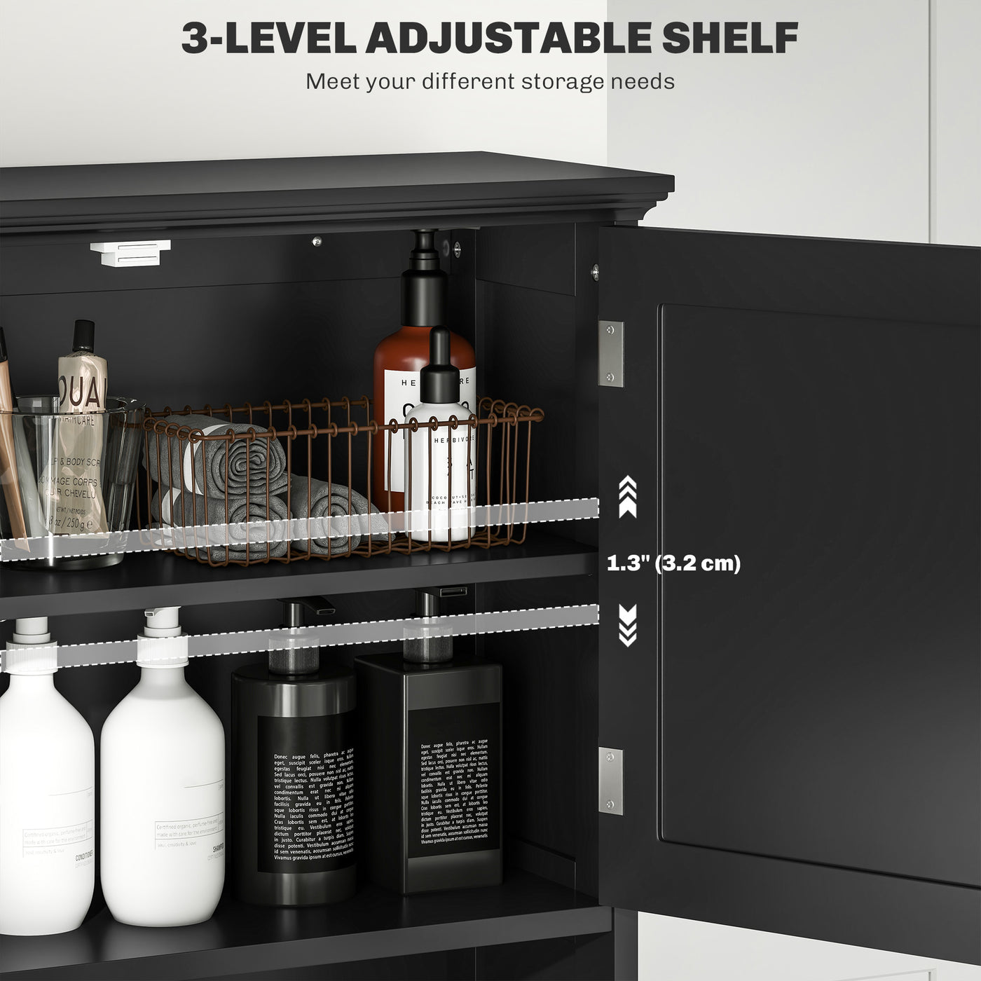 Modern Over The Toilet Storage, Bathroom Cabinets Over Toilet with Open Shelves and Double Door Cabinet, Black
