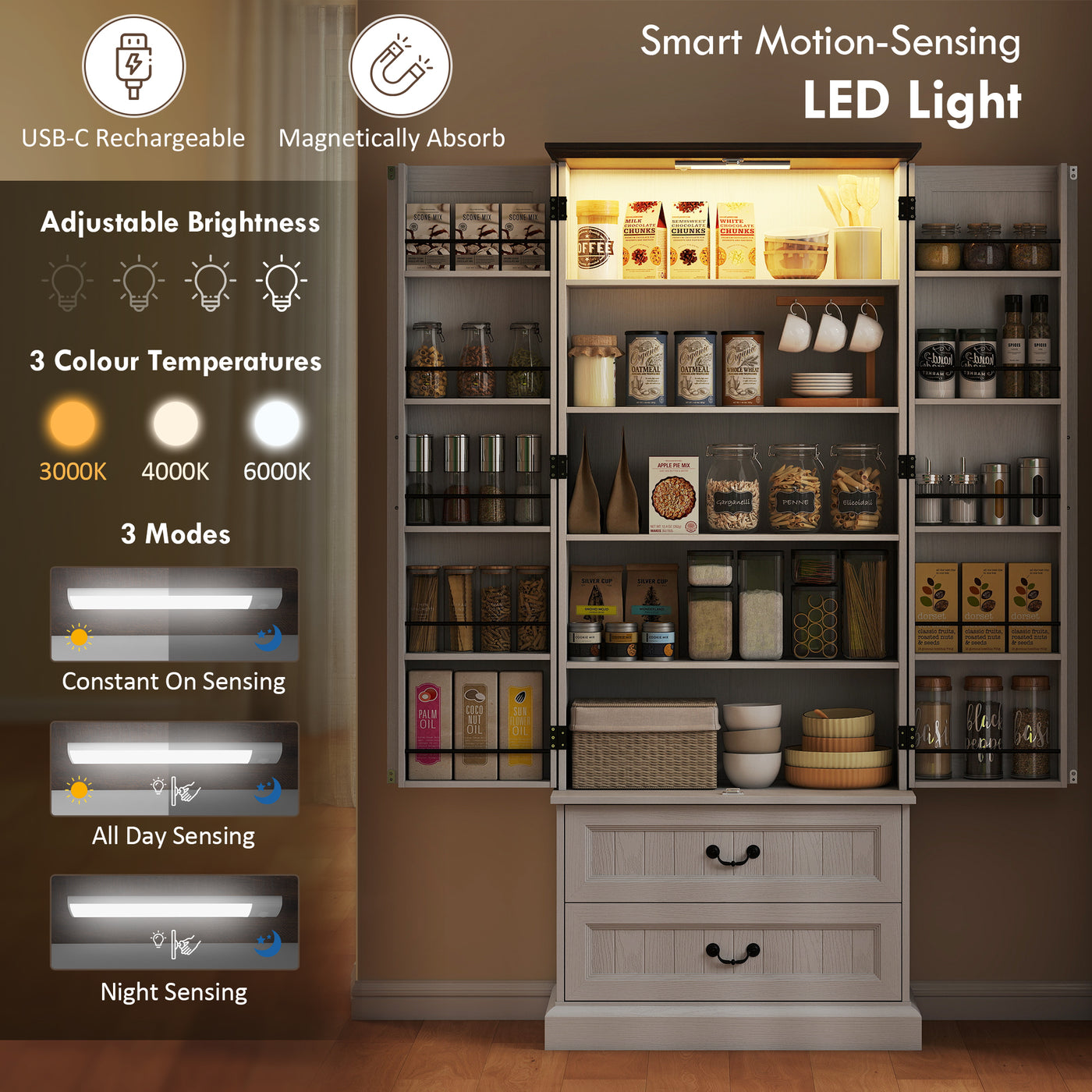 72" LED Kitchen Pantry Cabinet, Buffet Storage Cabinet with 10 Door Shelves, 2 Drawers and Adjustable Shelves, White