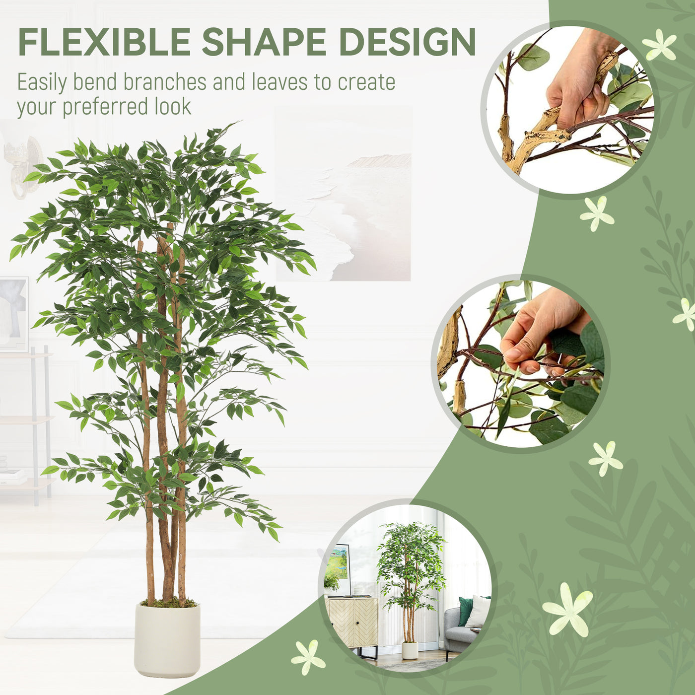 6FT Artificial Banyan Tree Set of 2, Fake Potted Tree with Solid Wood Trunk and Pot for Indoor