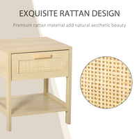 Narrow Nightstand with Rattan Elements, Bedside Table with Drawer and Storage Shelf for Bedroom, Natural