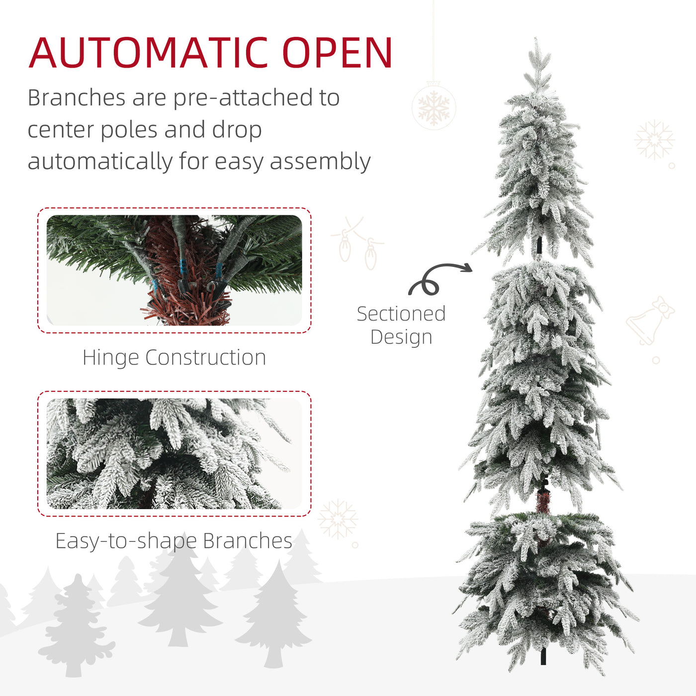 7ft Pencil Flocked Artificial Christmas Tree with 800 Branch Tips, Auto Open and Steel Base, Green