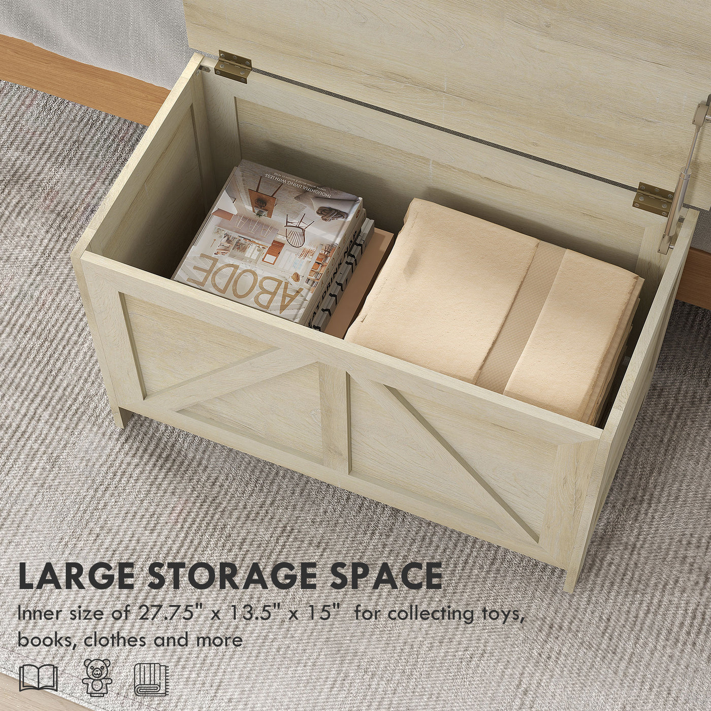 Storage Trunk Box Organizer with Farmhouse Panel Safety Hinge to Open Up 100° Natural