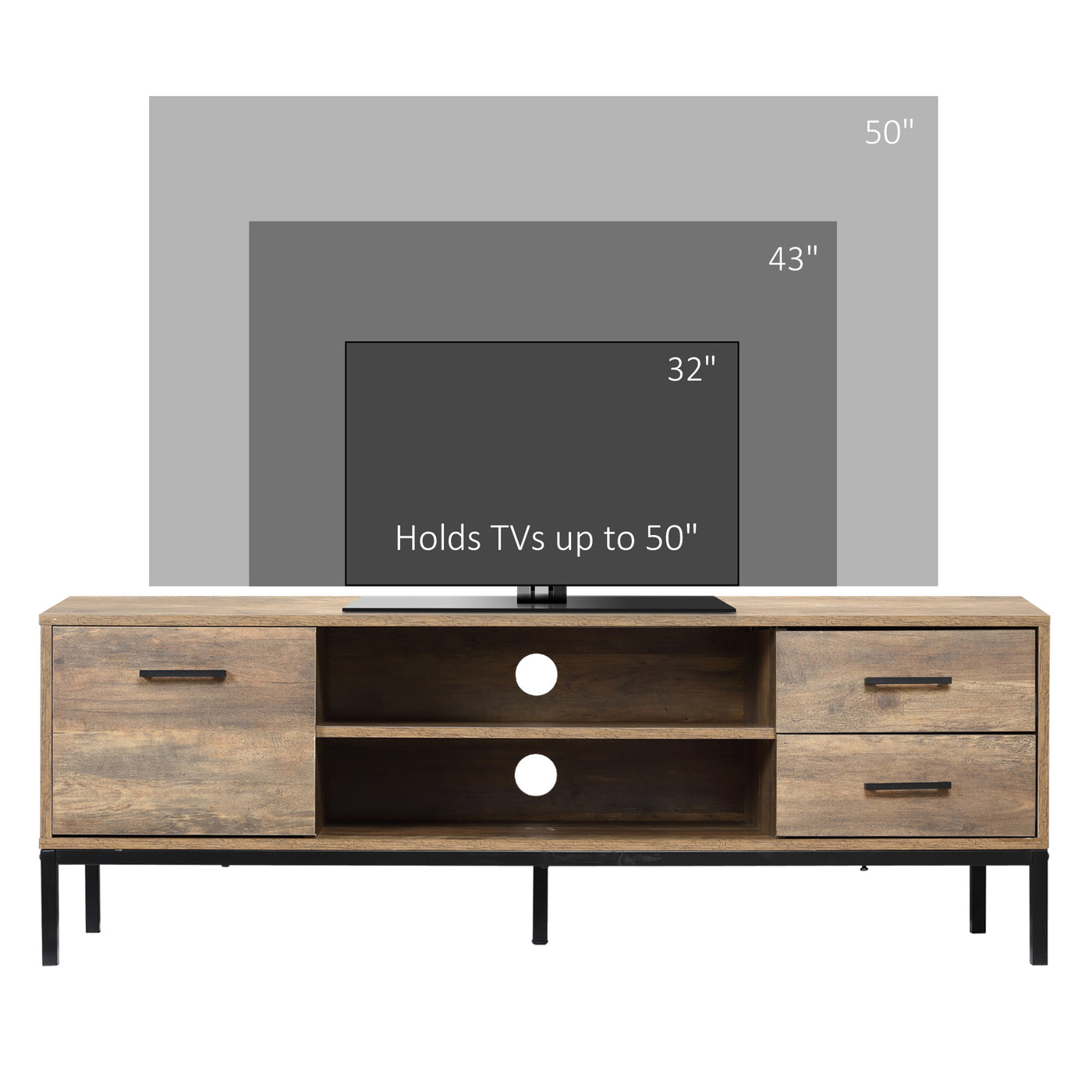 TV Stand for TV up to 50 Inches, TV Cabinet with Door, Open Storage and Drawers, TV Table with Steel Legs, Coffee