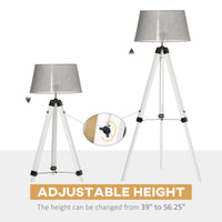 Tripod Floor Lamp, Adjustable Height Wooden Standing Lamp with E26 Lamp Base for Living Room, Bedroom, White and Grey