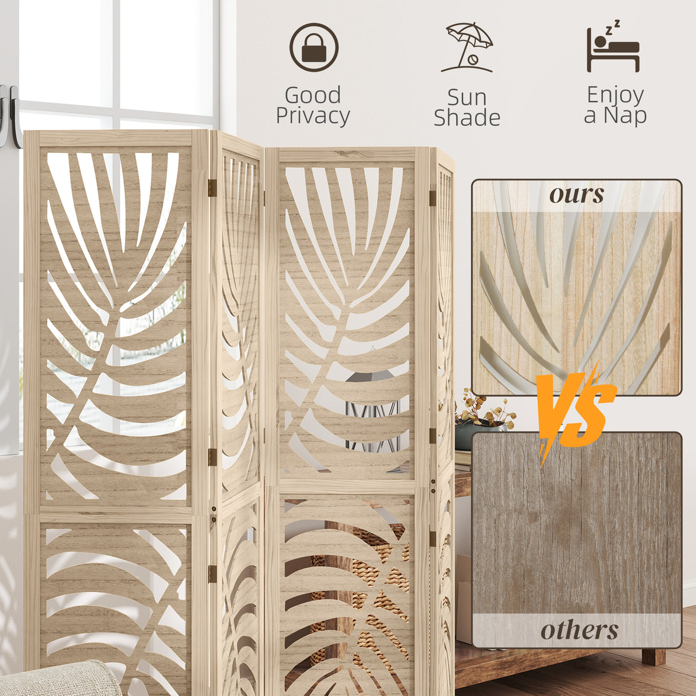 4 Panel Room Divider, Detachable Folding Privacy Screens with Palm Leaf Design for Home Office, Natural Wood Finish