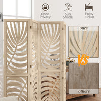 4 Panel Room Divider, Detachable Folding Privacy Screens with Palm Leaf Design for Home Office, Natural Wood Finish