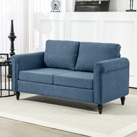 Vintage Loveseat, Upholstered Love Seat Furniture, Fabric 2 Seater Sofa with Rolled Arms, Rubber Wood Legs, Dark Blue