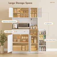 68" Pantry Cabinet with Charging Station, Kitchen Storage Cabinet with Microwave Stand, 4 Door Racks, White