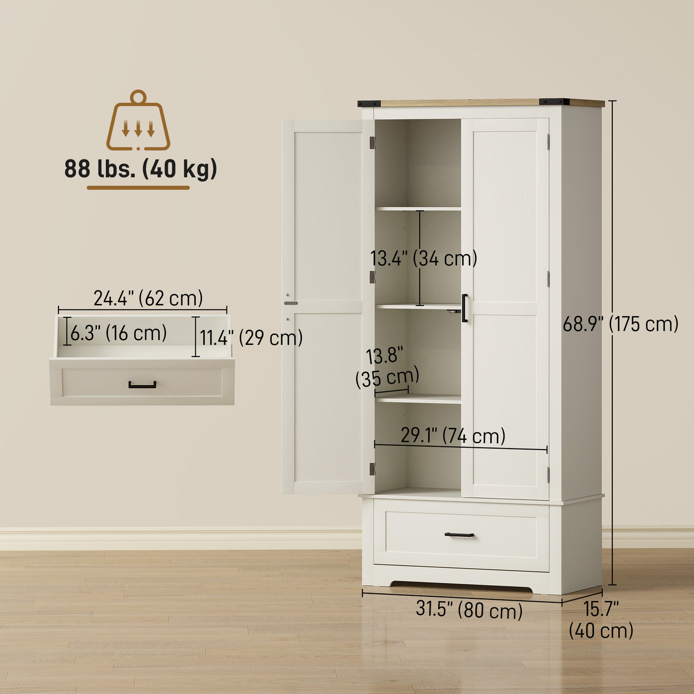 69" Tall Farmhouse Kitchen Pantry Cabinet with 2 Doors, Drawer and Adjustable Shelves, Cream White